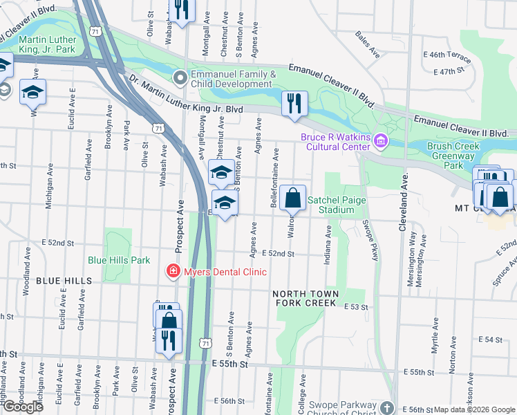 map of restaurants, bars, coffee shops, grocery stores, and more near 5019 Agnes Avenue in Kansas City