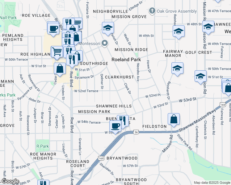 map of restaurants, bars, coffee shops, grocery stores, and more near 5213 Buena Vista Street in Roeland Park