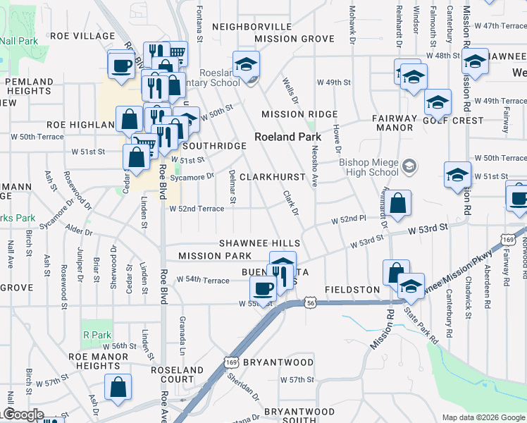 map of restaurants, bars, coffee shops, grocery stores, and more near 5213 Buena Vista Street in Roeland Park