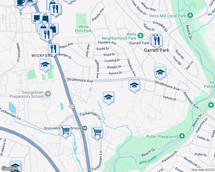 map of restaurants, bars, coffee shops, grocery stores, and more near 4910 Strathmore Avenue in Kensington