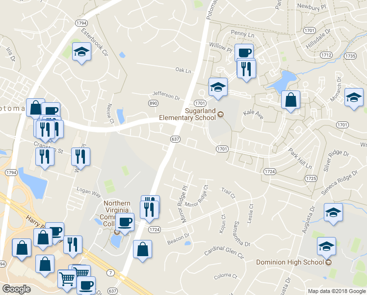 map of restaurants, bars, coffee shops, grocery stores, and more near 735 Brethour Court in Sterling
