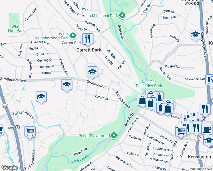 map of restaurants, bars, coffee shops, grocery stores, and more near 4505 Strathmore Avenue in Garrett Park