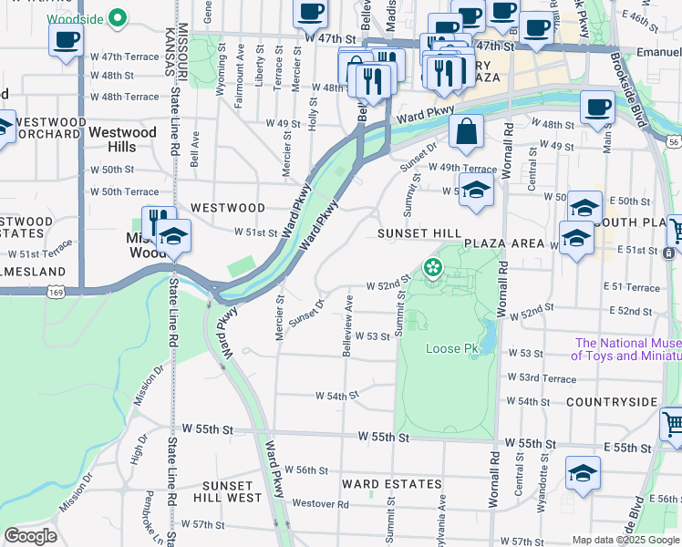 map of restaurants, bars, coffee shops, grocery stores, and more near 1004 West 52nd Street in Kansas City