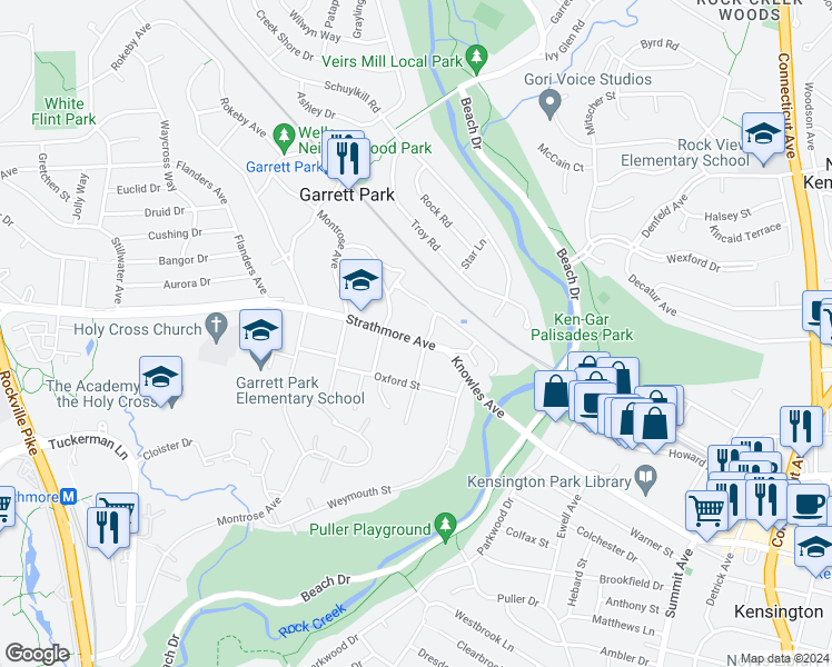 map of restaurants, bars, coffee shops, grocery stores, and more near 4505 Strathmore Avenue in Garrett Park