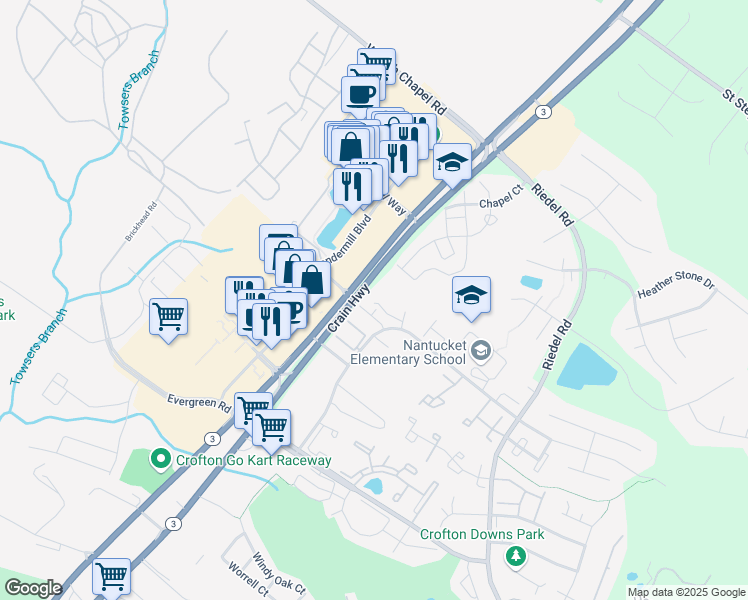 map of restaurants, bars, coffee shops, grocery stores, and more near 2334 Turnbridge Court in Crofton