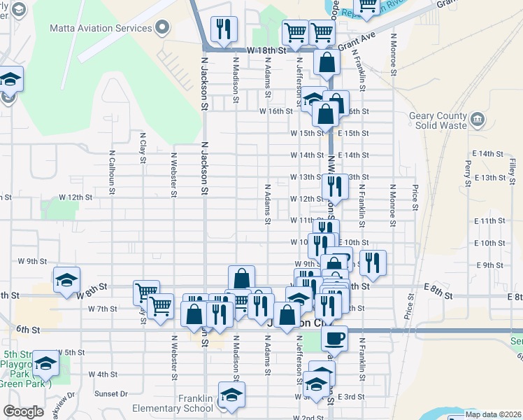 map of restaurants, bars, coffee shops, grocery stores, and more near 1108 North Adams Street in Junction City