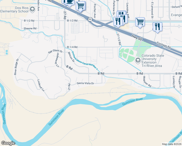 map of restaurants, bars, coffee shops, grocery stores, and more near 2722 Rincon Drive in Grand Junction