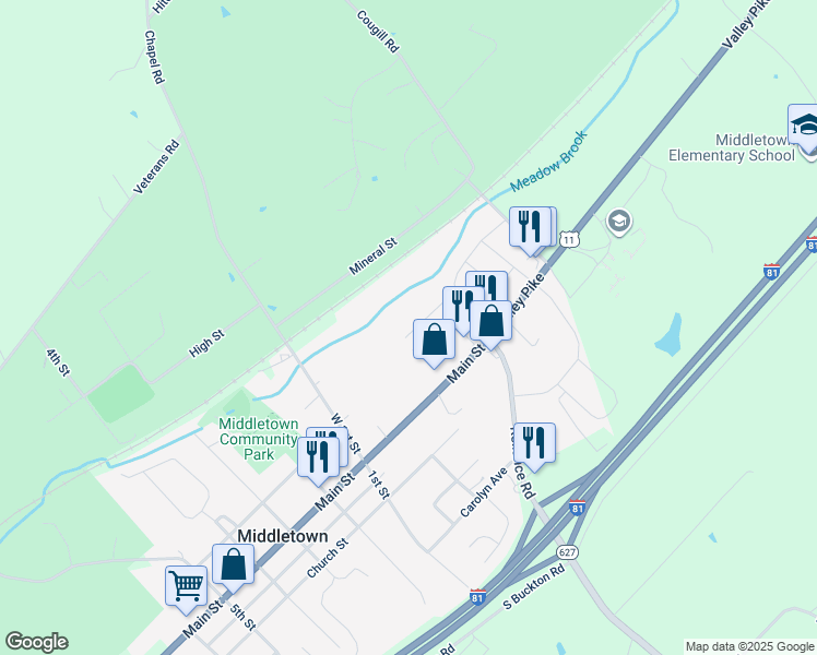 map of restaurants, bars, coffee shops, grocery stores, and more near 7675 Main Street in Middletown