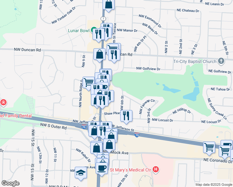 map of restaurants, bars, coffee shops, grocery stores, and more near 1411 Northwest Circle Drive in Blue Springs