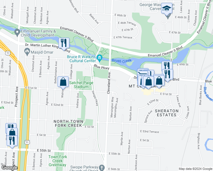 map of restaurants, bars, coffee shops, grocery stores, and more near 3800 East 51st Street in Kansas City