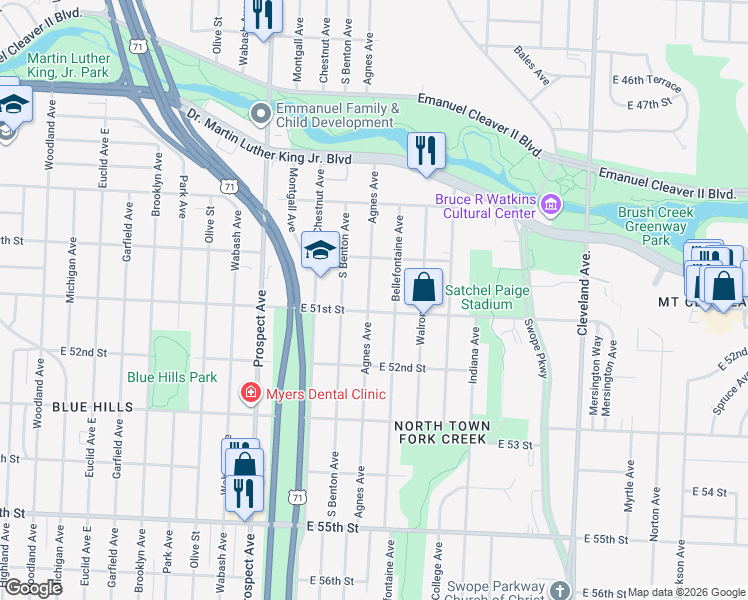 map of restaurants, bars, coffee shops, grocery stores, and more near 5019 Agnes Avenue in Kansas City