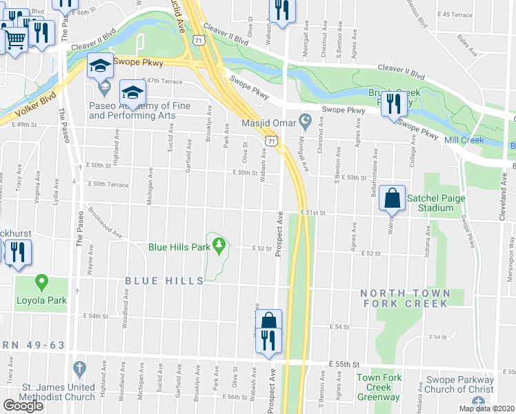 map of restaurants, bars, coffee shops, grocery stores, and more near 5031 Wabash Avenue in Kansas City