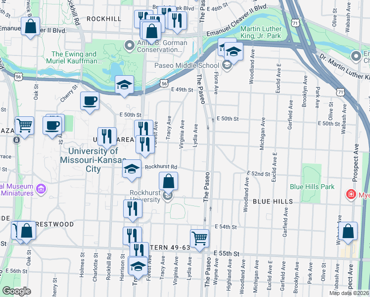 map of restaurants, bars, coffee shops, grocery stores, and more near 5046 Lydia Avenue in Kansas City