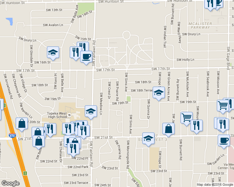 map of restaurants, bars, coffee shops, grocery stores, and more near 1818 Southwest Prairie Road in Topeka