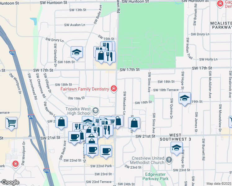 map of restaurants, bars, coffee shops, grocery stores, and more near Southwest Fairlawn Road in Topeka