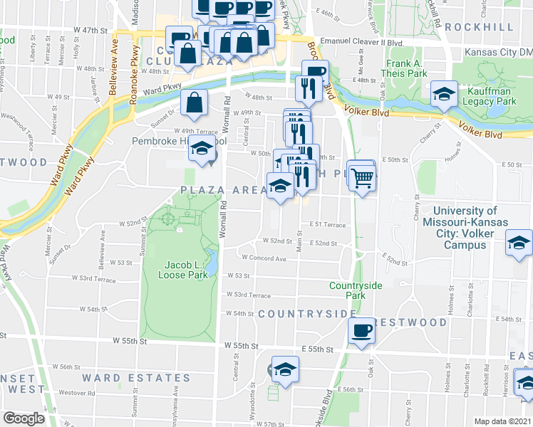 map of restaurants, bars, coffee shops, grocery stores, and more near 5125 Wyandotte Street in Kansas City