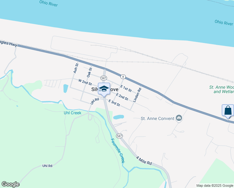 map of restaurants, bars, coffee shops, grocery stores, and more near 126 East 1st Street in Silver Grove