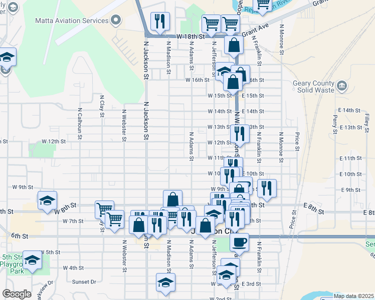 map of restaurants, bars, coffee shops, grocery stores, and more near 1116 North Adams Street in Junction City