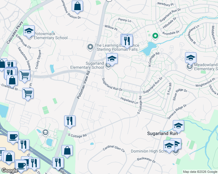 map of restaurants, bars, coffee shops, grocery stores, and more near 304 Giles Place in Sterling