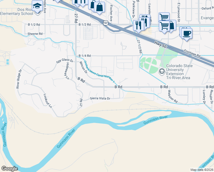 map of restaurants, bars, coffee shops, grocery stores, and more near 2722 Rincon Drive in Grand Junction