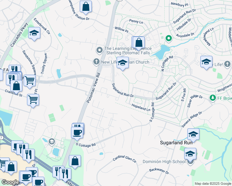 map of restaurants, bars, coffee shops, grocery stores, and more near 114 Marcum Court in Sterling