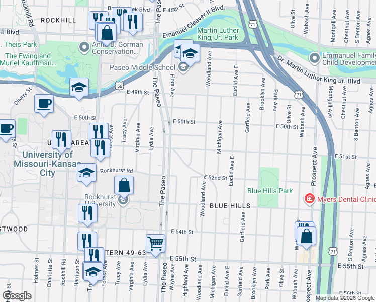 map of restaurants, bars, coffee shops, grocery stores, and more near 5100 Highland Avenue in Kansas City