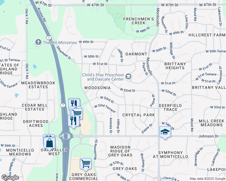 map of restaurants, bars, coffee shops, grocery stores, and more near 22514 West 52nd Terrace in Shawnee