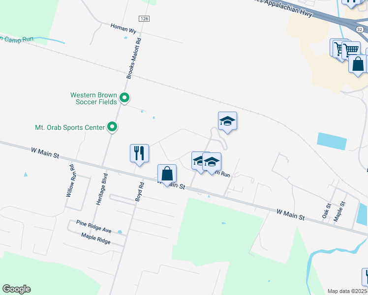 map of restaurants, bars, coffee shops, grocery stores, and more near 476 West Main Street in Mount Orab