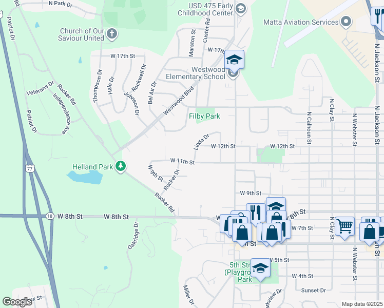 map of restaurants, bars, coffee shops, grocery stores, and more near 1110 Linda Drive in Junction City