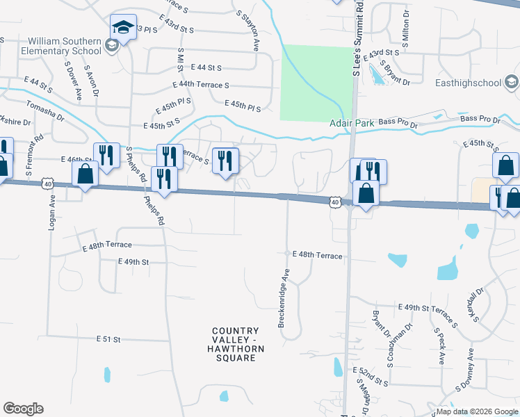 map of restaurants, bars, coffee shops, grocery stores, and more near 15987-16339 East US Highway 40 in Kansas City