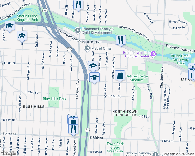 map of restaurants, bars, coffee shops, grocery stores, and more near 5023 South Benton Avenue in Kansas City