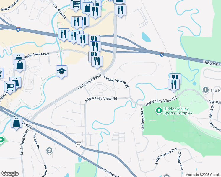 map of restaurants, bars, coffee shops, grocery stores, and more near 20300 East Valley View Parkway in Independence