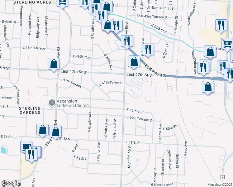 map of restaurants, bars, coffee shops, grocery stores, and more near 12302 East 48th Street South in Independence
