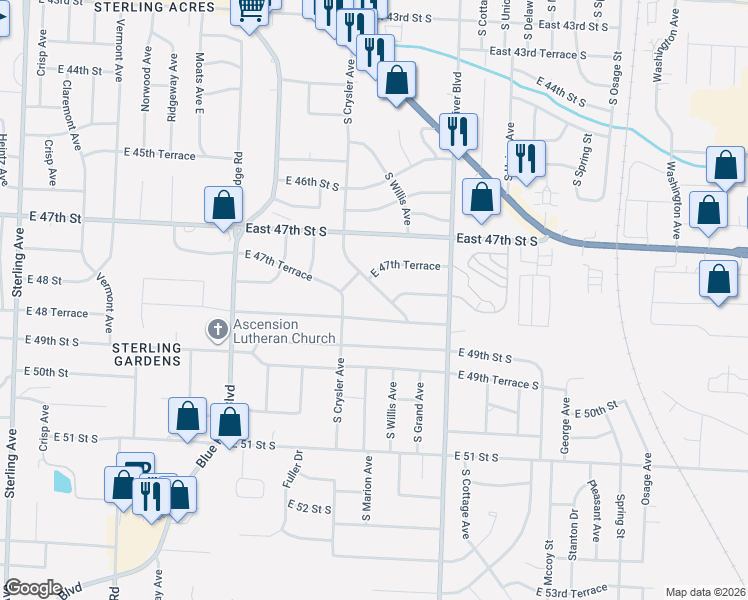 map of restaurants, bars, coffee shops, grocery stores, and more near 4717 South Crysler Drive in Independence