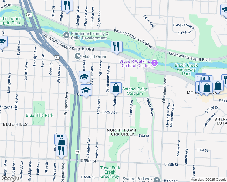 map of restaurants, bars, coffee shops, grocery stores, and more near 5022 Walrond Avenue in Kansas City