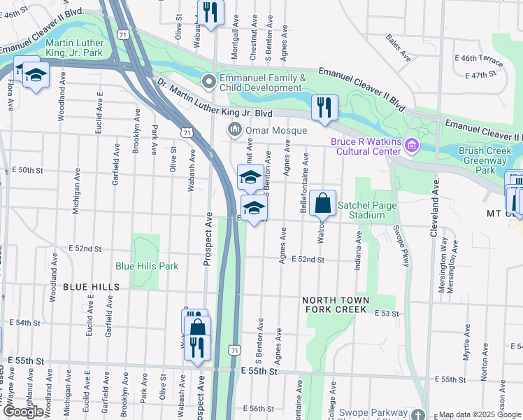 map of restaurants, bars, coffee shops, grocery stores, and more near 5023 South Benton Avenue in Kansas City