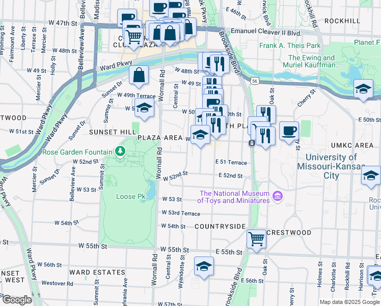 map of restaurants, bars, coffee shops, grocery stores, and more near 200 West 51 Terrace in Kansas City