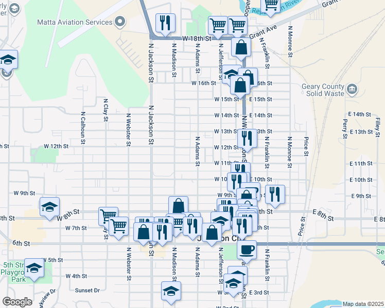 map of restaurants, bars, coffee shops, grocery stores, and more near 1108 North Adams Street in Junction City