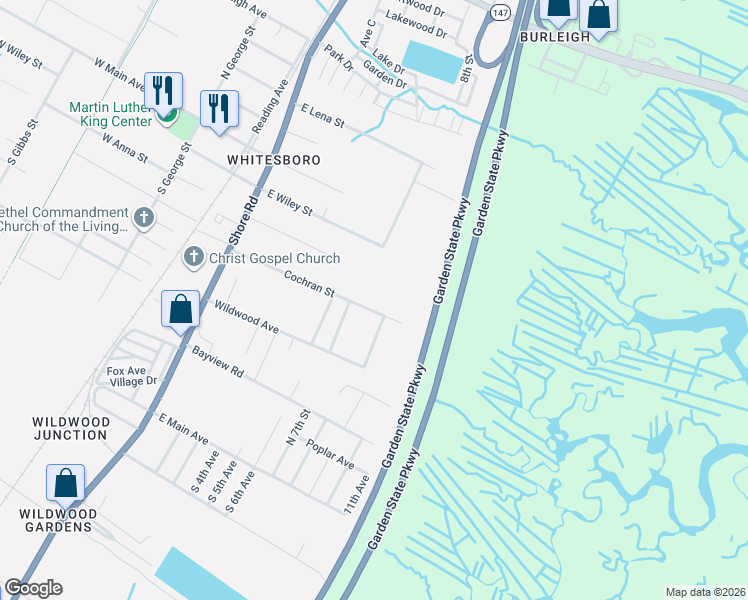 map of restaurants, bars, coffee shops, grocery stores, and more near 62 Cochran Street in Middle Township