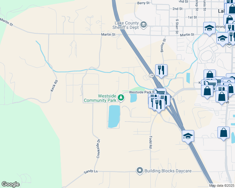 map of restaurants, bars, coffee shops, grocery stores, and more near 1258 Wrigley Street in Lakeport