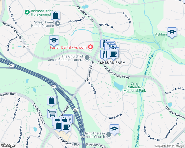 map of restaurants, bars, coffee shops, grocery stores, and more near 21006 Strawrick Terrace in Ashburn