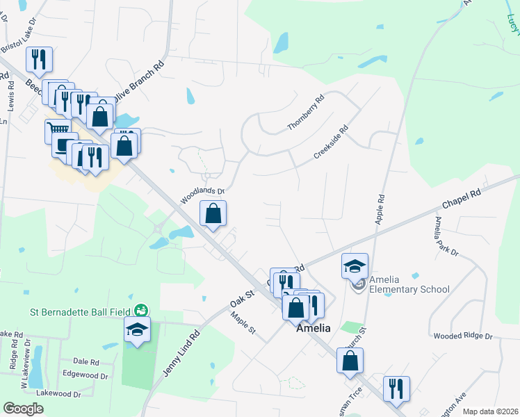 map of restaurants, bars, coffee shops, grocery stores, and more near 59 Hitchcock Ln in Amelia