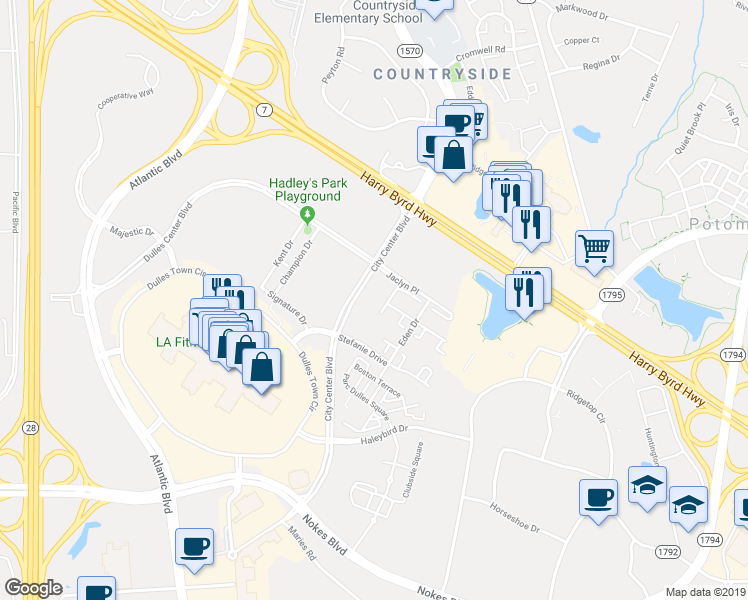 map of restaurants, bars, coffee shops, grocery stores, and more near 21019 Forum Terrace in Sterling