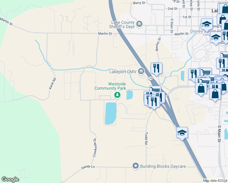 map of restaurants, bars, coffee shops, grocery stores, and more near 1258 Wrigley Street in Lakeport