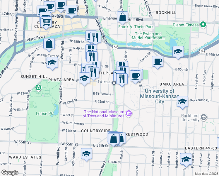 map of restaurants, bars, coffee shops, grocery stores, and more near 5106 Grand Avenue in Kansas City