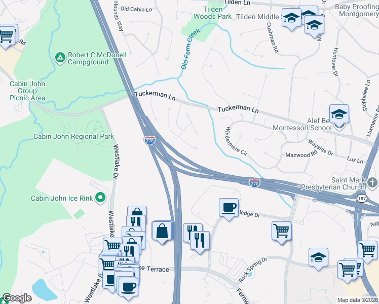 map of restaurants, bars, coffee shops, grocery stores, and more near 10908 Earlsgate Lane in Rockville