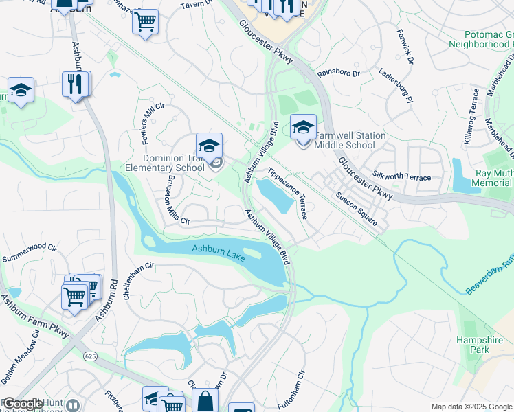 map of restaurants, bars, coffee shops, grocery stores, and more near 21043 Mossy Glen Terrace in Ashburn