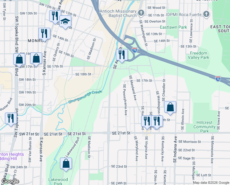 map of restaurants, bars, coffee shops, grocery stores, and more near 1717 Southeast Pennsylvania Avenue in Topeka
