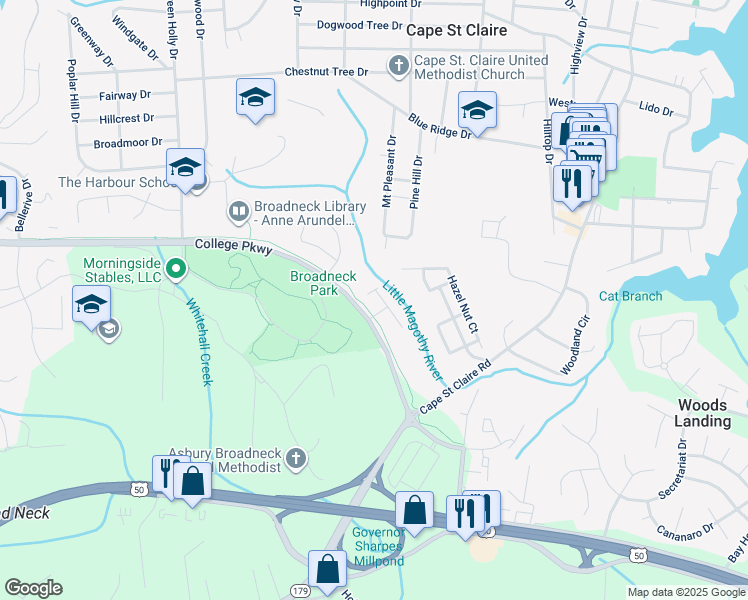 map of restaurants, bars, coffee shops, grocery stores, and more near 1018 Commanders Way North in Annapolis