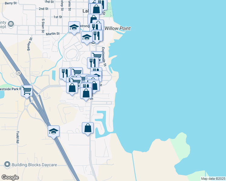 map of restaurants, bars, coffee shops, grocery stores, and more near 10 Royale Avenue in Lakeport